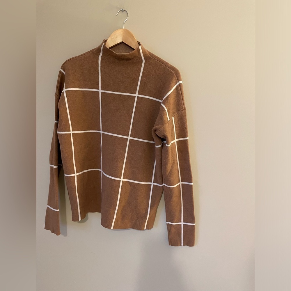 Cynthia Rowley neutral Windowpane Plaid Mock Neck Sweater in rust size L NWOT